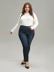 Plaid Patchwork Straight Leg Dark Wash Jeans