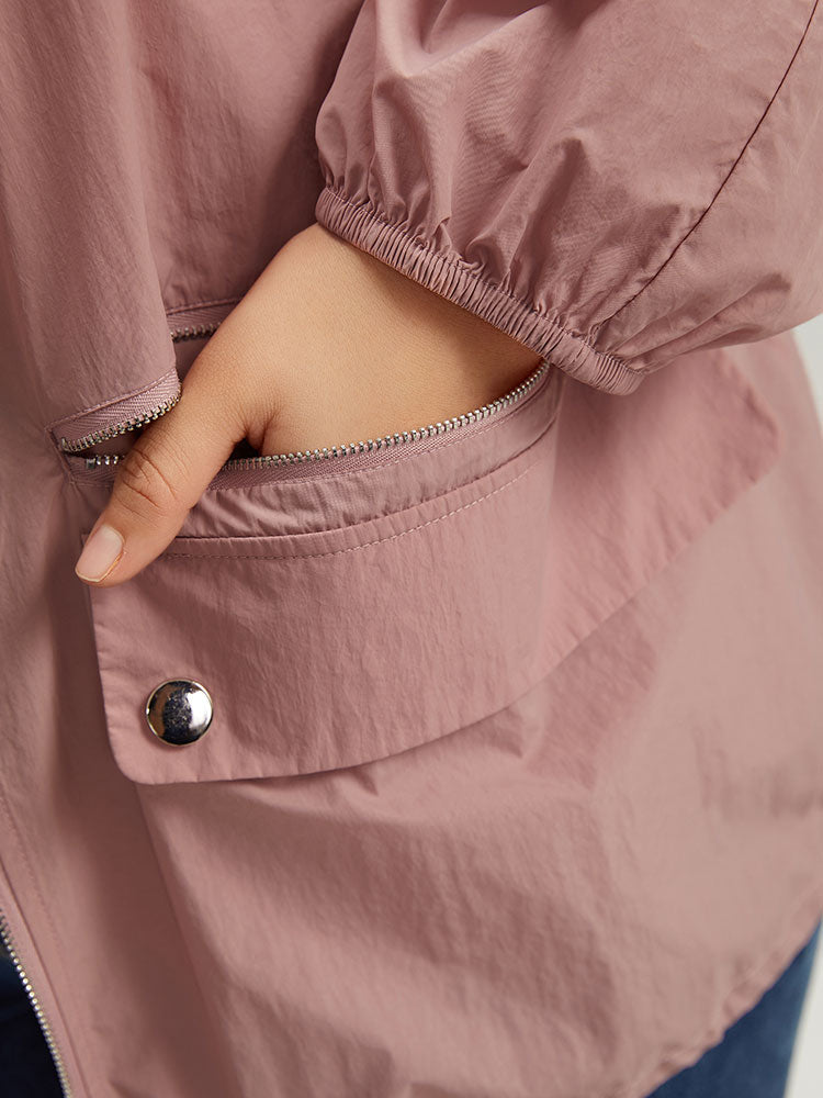 Plain Hooded Pocket Zipper Fly Drawstring Jacket