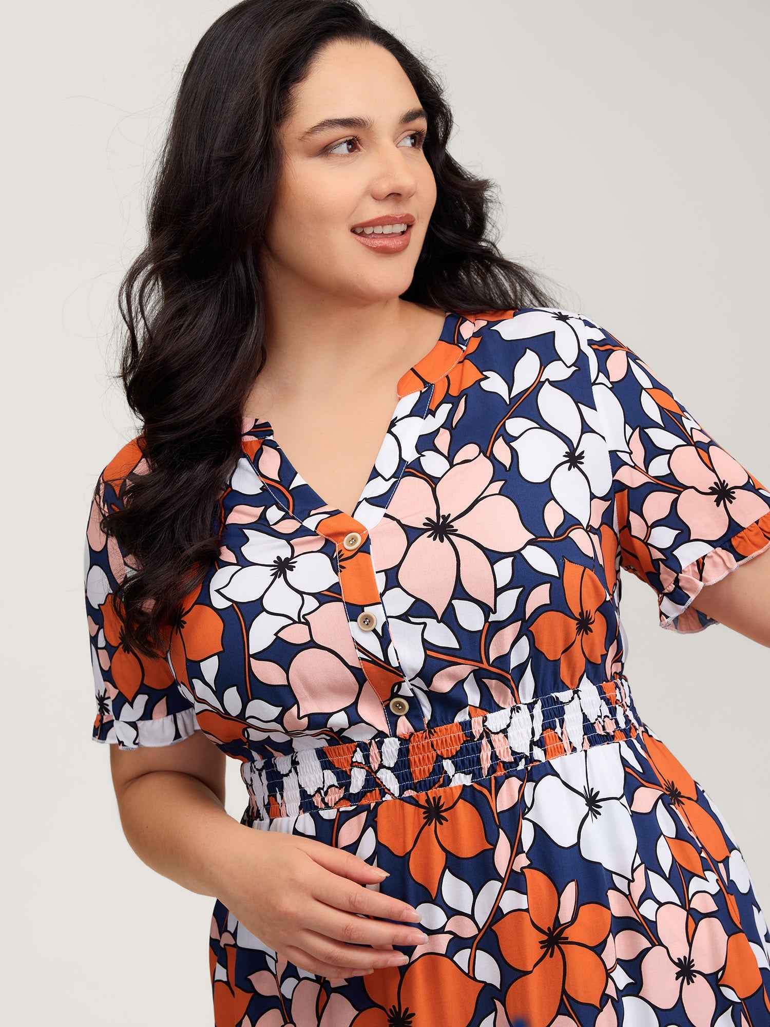 Floral Print Shirred Notched Neckline Midi Dress