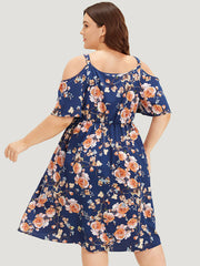 Floral Print Ruffle Trim  Elastic Waist Cold Shoulder Dress
