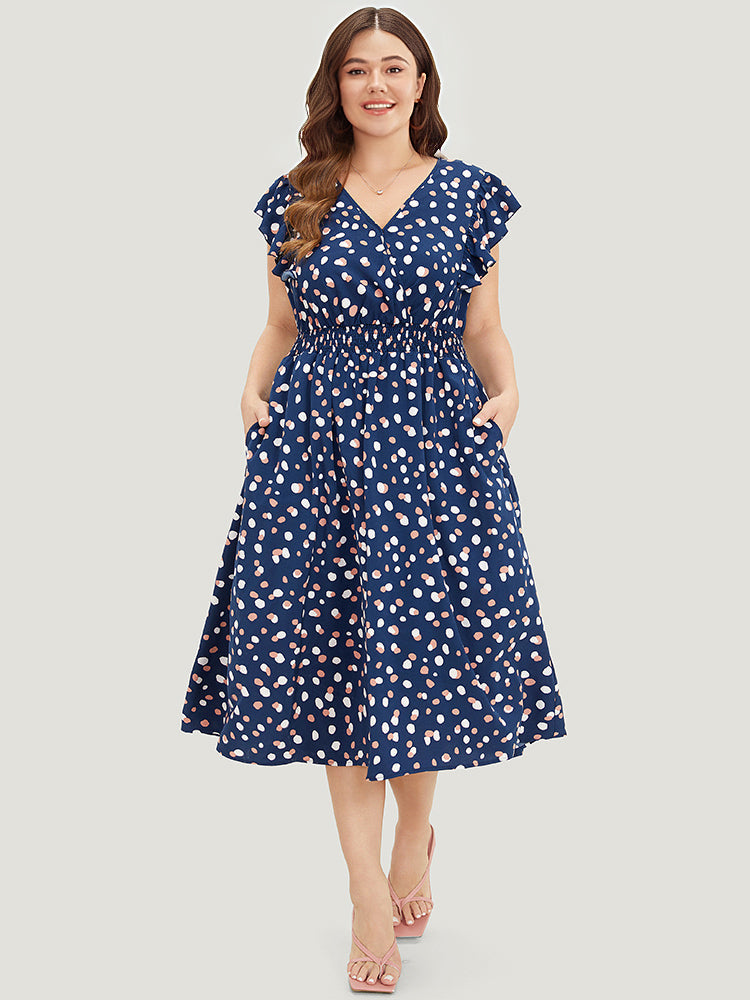 Allover Print Pocket Wrap Flutter Cap Sleeve Dress