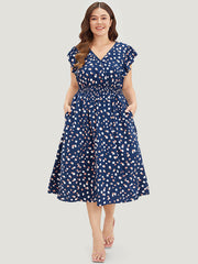 Allover Print Pocket Wrap Flutter Cap Sleeve Dress