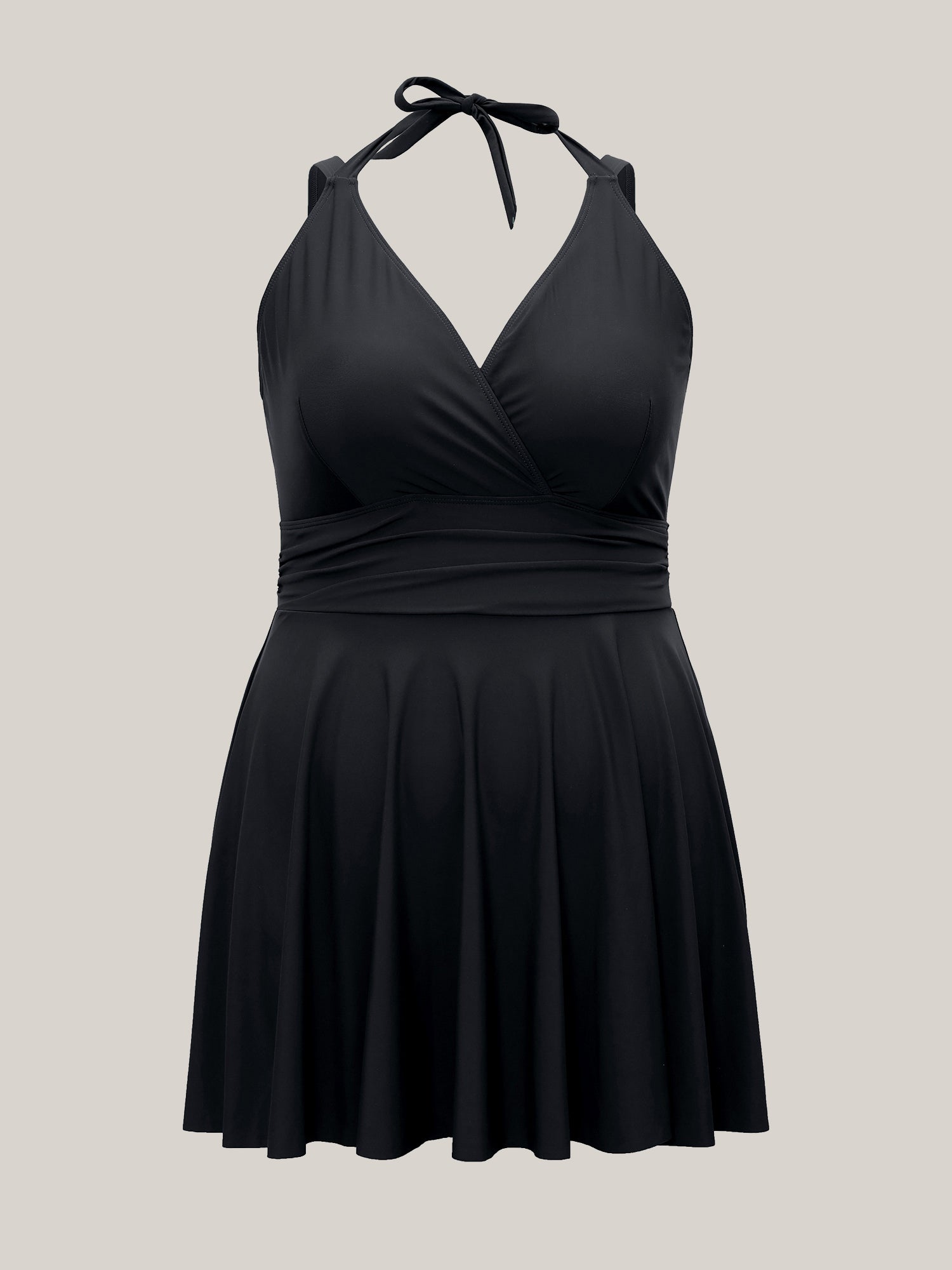 Solid Ruffle Hem Empire Waist Halter Neck Swim Dress