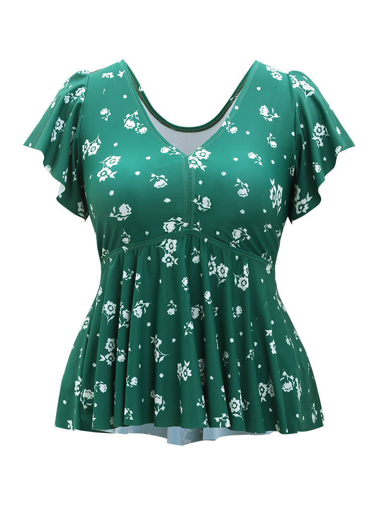 Floral Print V Neck Ruffle Sleeve Tankini Top