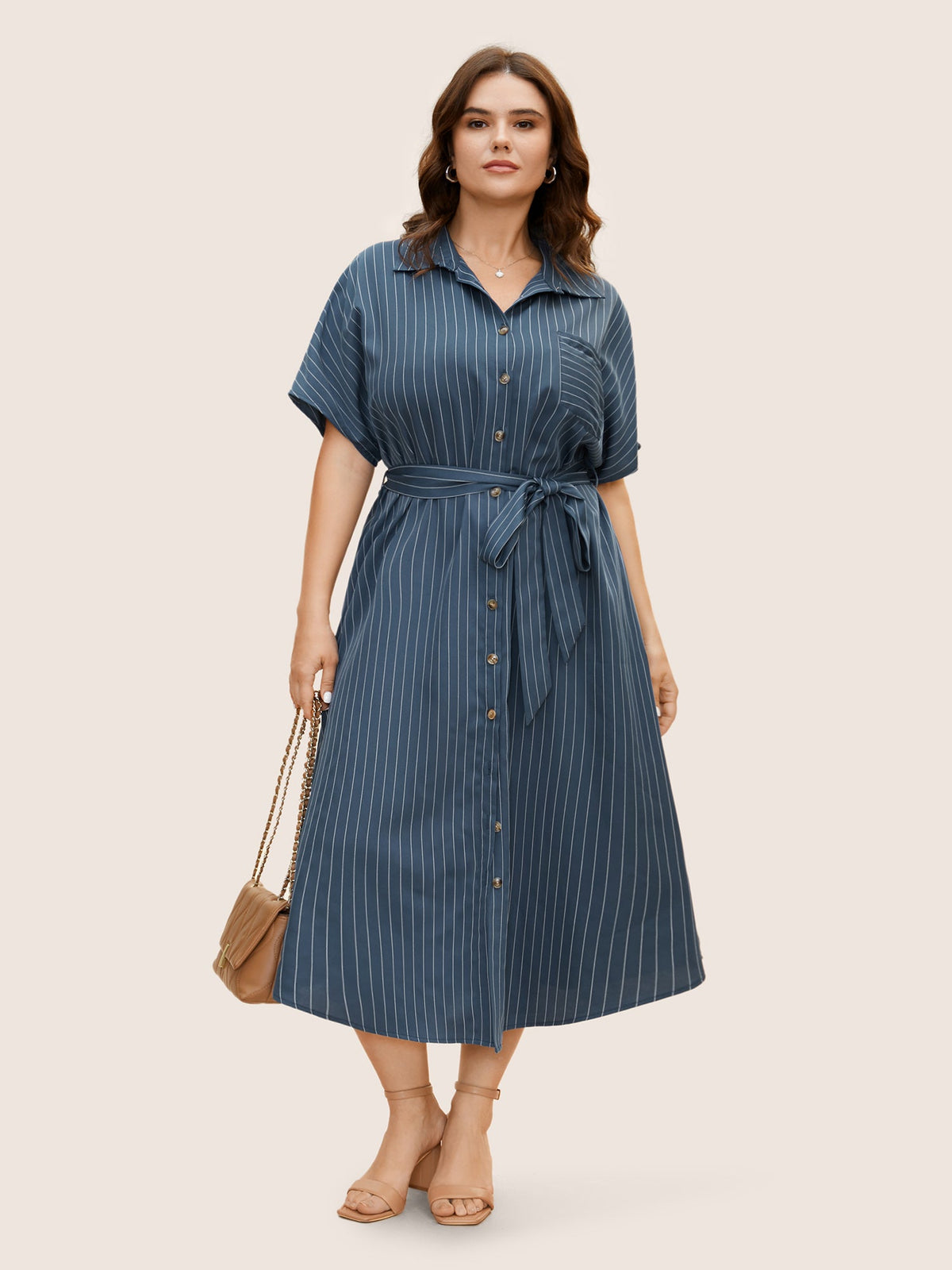 Shirt Collar Striped Curved Hem Midi Dress