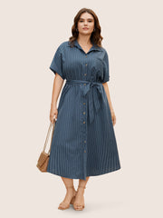 Shirt Collar Striped Curved Hem Midi Dress