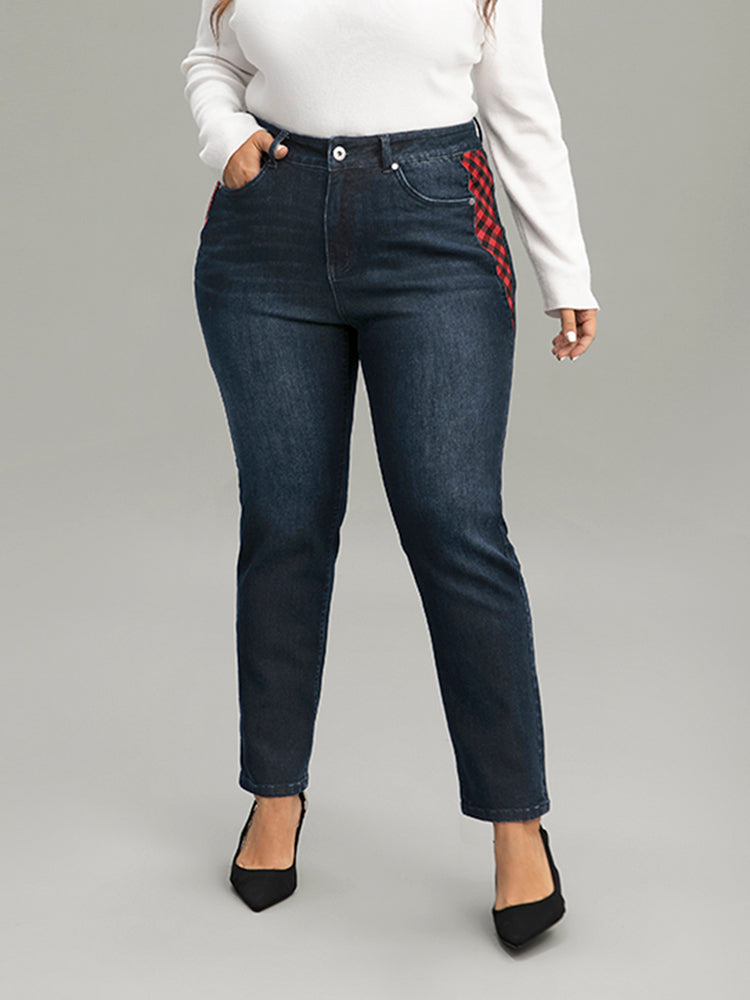 Plaid Patchwork Straight Leg Dark Wash Jeans