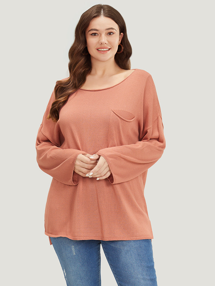 Solid Patched Pocket Split Side Pullover