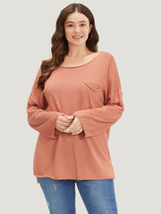 Solid Patched Pocket Split Side Pullover