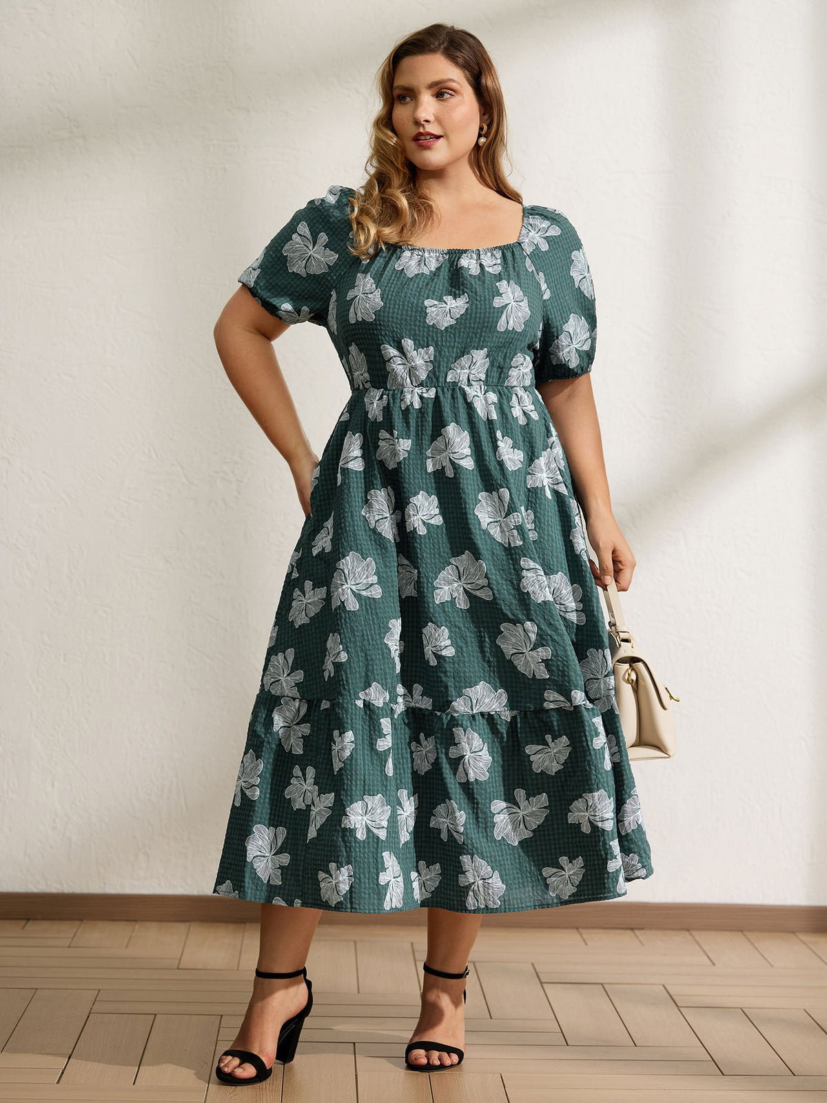 Floral Plaid Print Puffy Sleeve Midi Dress