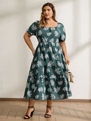 Floral Plaid Print Puffy Sleeve Midi Dress