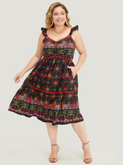 Geometric Print Ruffle Trim Pocket Ruched Detail Cami Dress