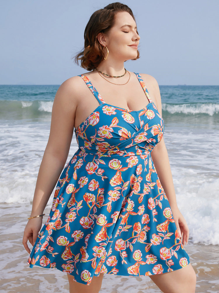 Floral Contrast Crossover Front Ruffles Adjustable Straps Swim Dress