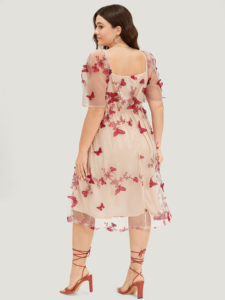 Silhouette Floral Print Mesh Puff Sleeve Dress