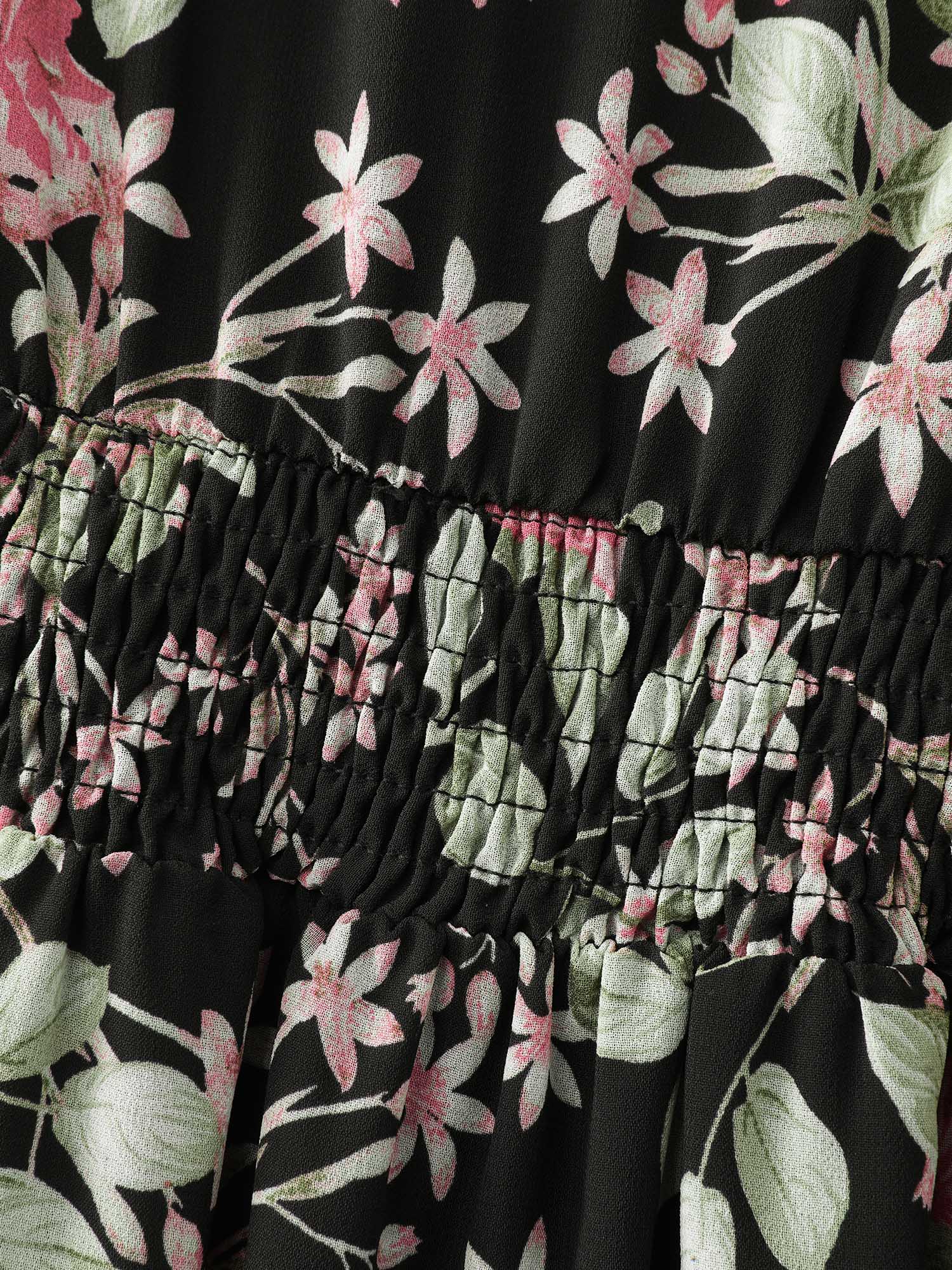 Floral Pockets Adjustable Shirred Midi Dress