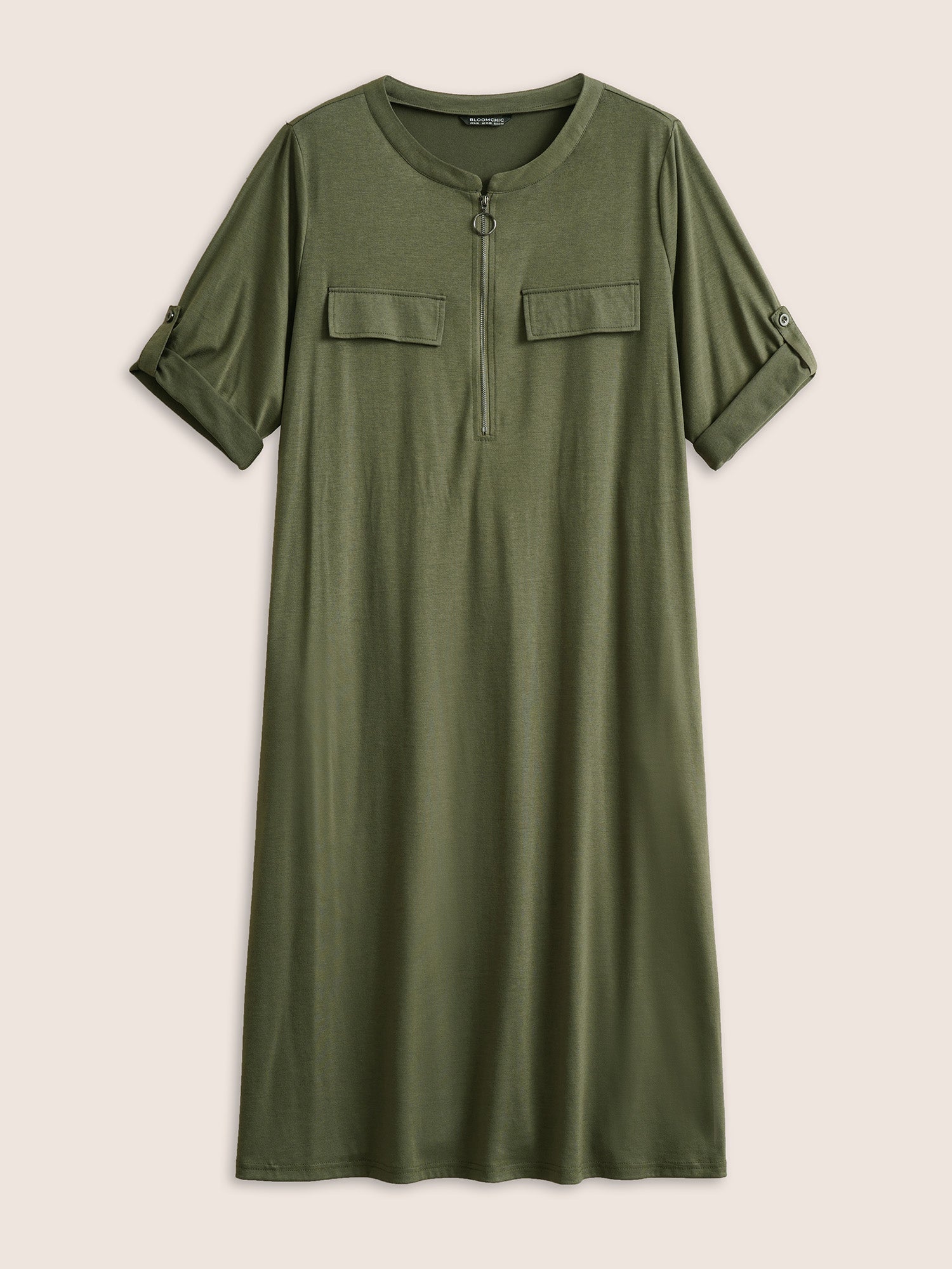 Plain Half Zip Flap Detail Tab Sleeve Dress