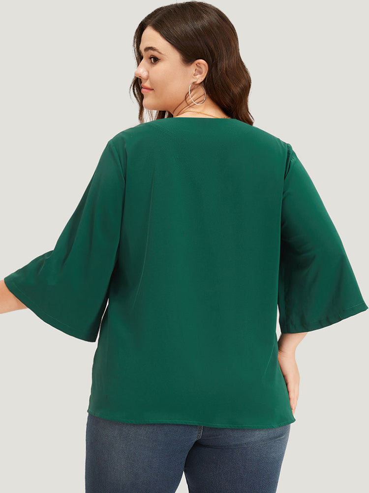Plain Double Breasted Surplice Neck Flounce Sleeve Blouse