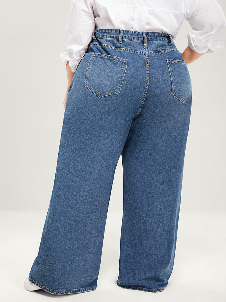Wide Leg Moderately Stretchy High Rise Medium Wash Jeans