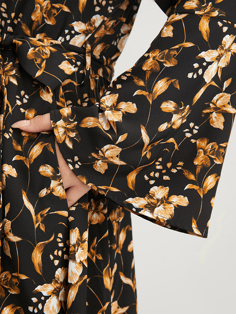 Floral Pocket Bell Sleeve Belted Split Flutter Dress