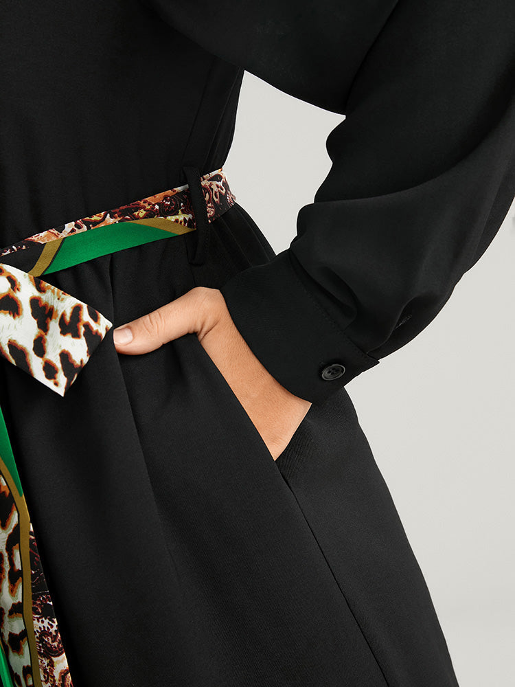 Chain Print Shirt Collar Pocket Split Belted Button Up Dress