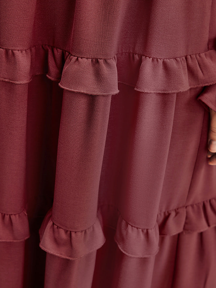 Solid Lantern Sleeve Pocket Ruffle Hem Dress