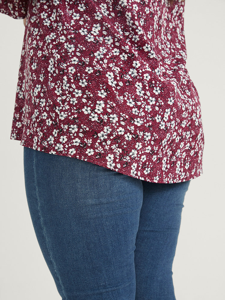 Floral Lantern Sleeve Arc Hem V Neck Blouse
